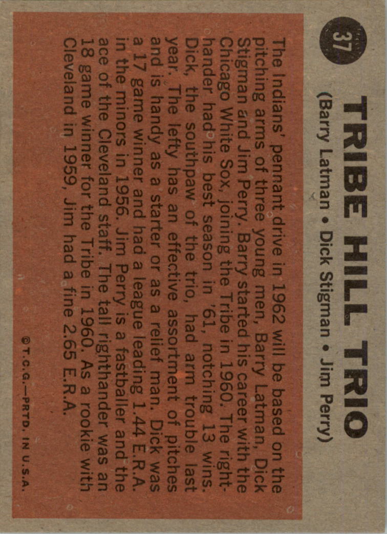 1962 Topps #37 Tribe Hill Trio/Barry Latman/Dick Stigman/Jim Perry back image