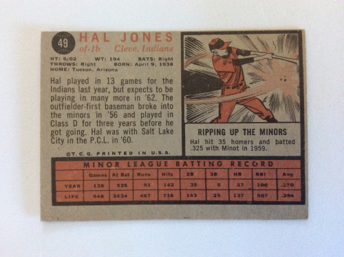 1962 Topps #49 Hal Jones RC back image