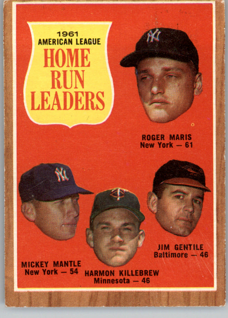 1962 Topps #53 AL Home Run Leaders/Roger Maris/Mickey Mantle/Jim Gentile/Harmon Killebrew