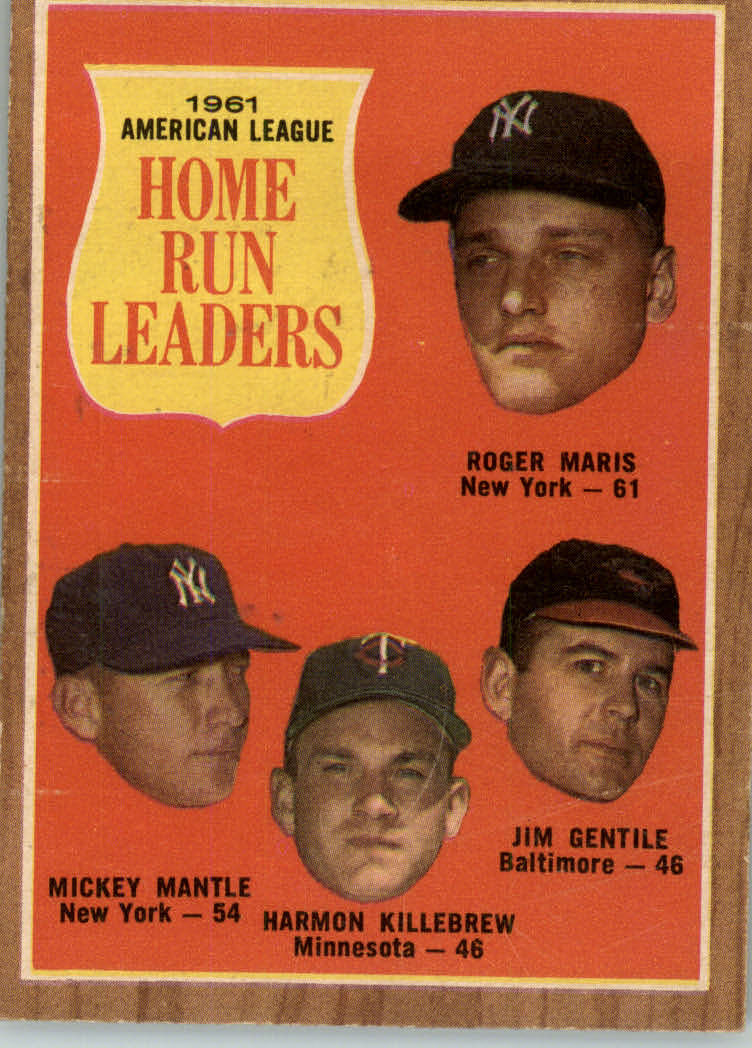 1962 Topps #53 AL Home Run Leaders/Roger Maris/Mickey Mantle/Jim Gentile/Harmon Killebrew