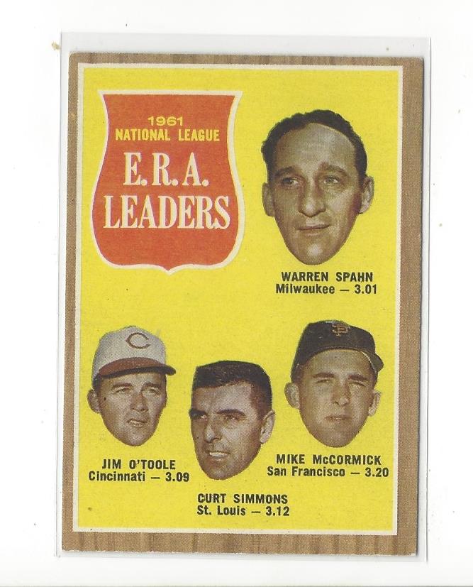 1962 Topps #56 NL ERA Leaders/Warren Spahn/Jim O'Toole/Curt Simmons/Mike McCormick