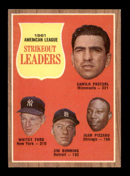 1962 Topps #59 AL Strikout Leaders/Camilo Pascual/Whitey Ford/Jim Bunning/Juan Pizzaro