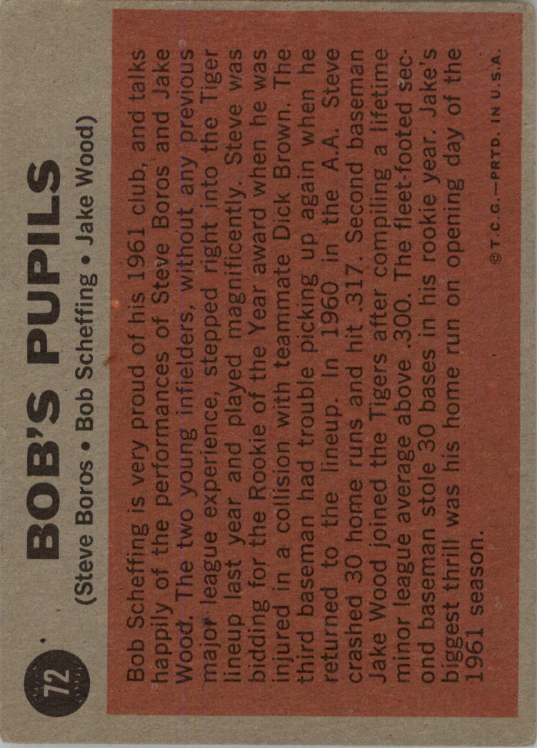 1962 Topps #72 Bob's Pupils/Steve Boros/Bob Scheffing MG/Jake Wood back image