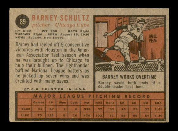1962 Topps #89 Barney Schultz RC back image