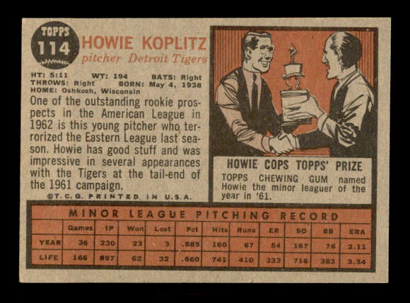 1962 Topps #114 Howie Koplitz RC back image