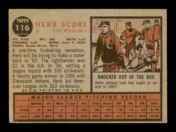 1962 Topps #116 Herb Score back image