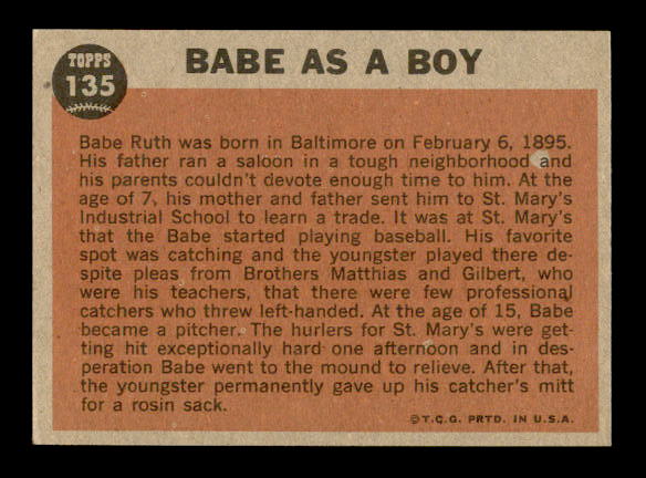 1962 Topps #135 Babe Ruth Special 1/Babe as a Boy back image