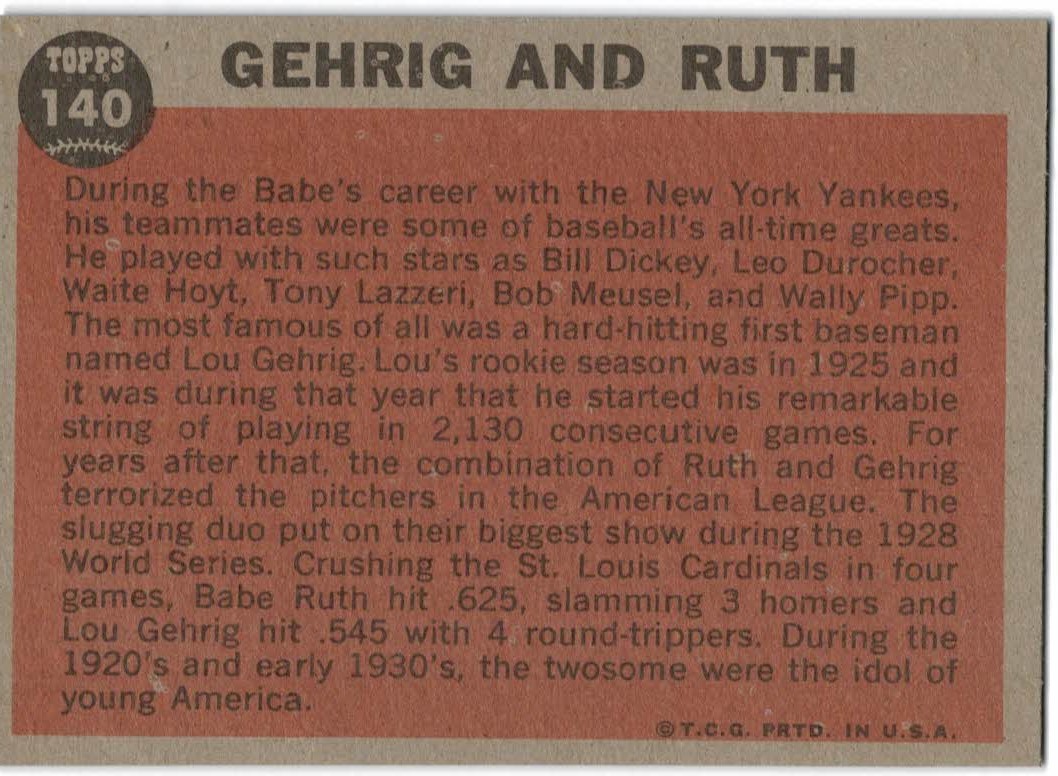 1962 Topps #140 Babe Ruth Special 6/Gehrig and Ruth back image