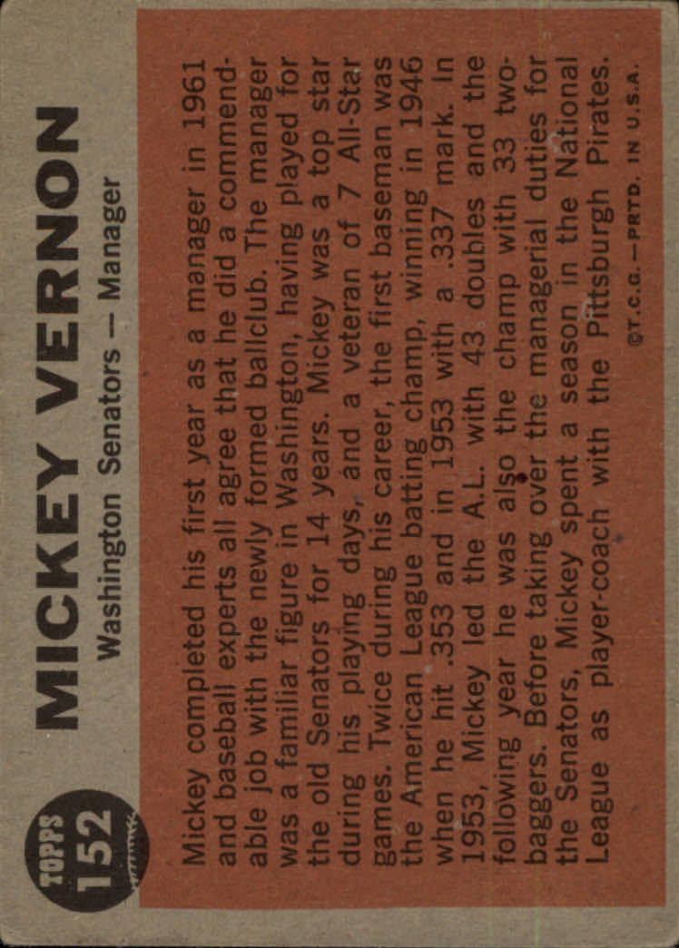 1962 Topps #152 Mickey Vernon MG back image