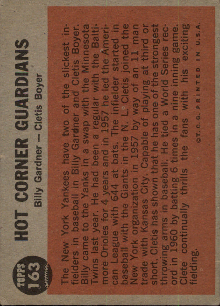 1962 Topps #163 Hot Corner Guard/Billy Gardner/Cletis Boyer back image