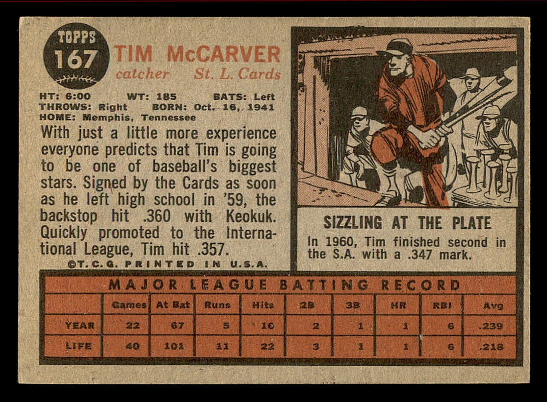 1962 Topps #167 Tim McCarver RC back image