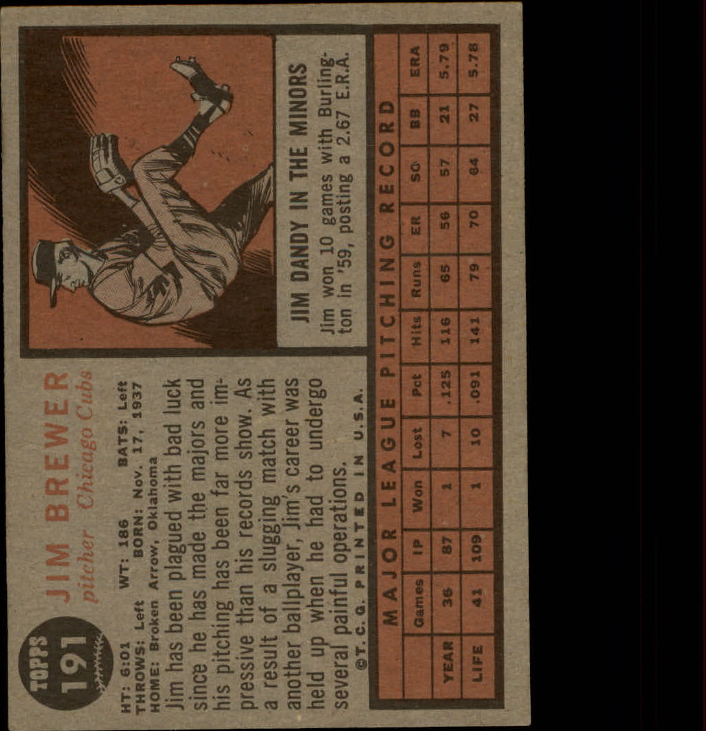 1962 Topps #191A Jim Brewer/Green Tint back image