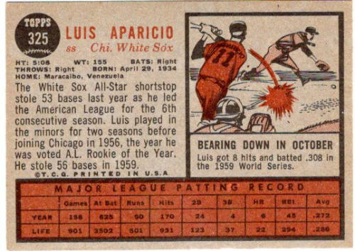 1962 Topps #325 Luis Aparicio back image