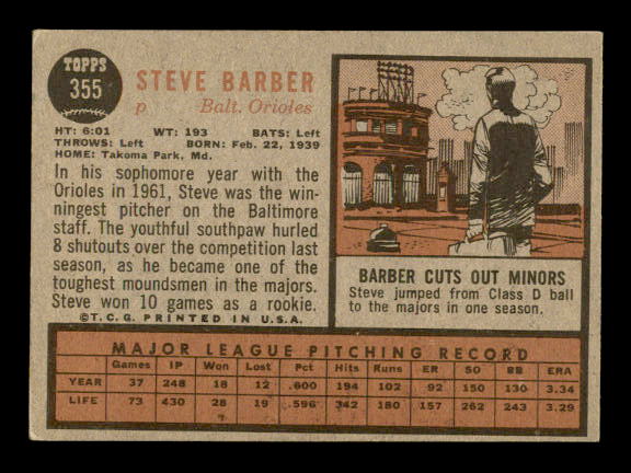 1962 Topps #355 Steve Barber back image
