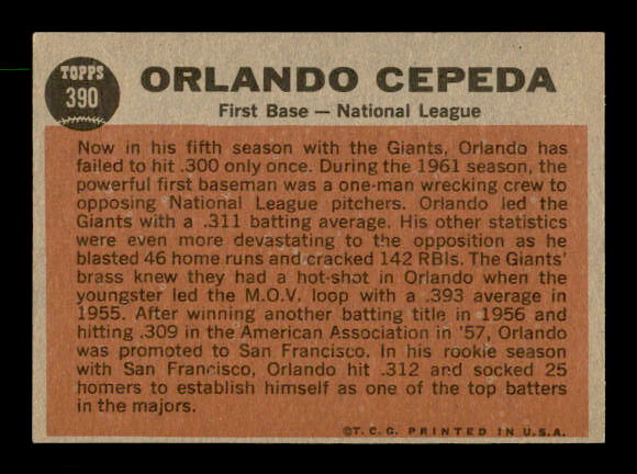 1962 Topps #390 Orlando Cepeda AS back image