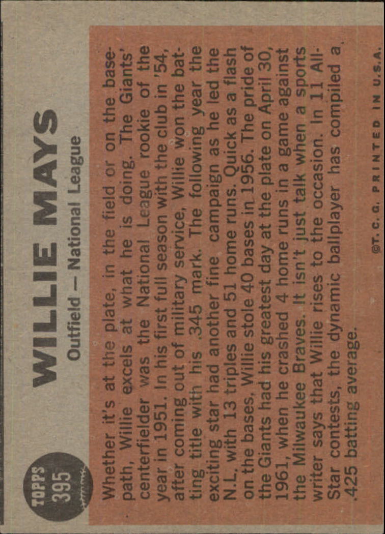 1962 Topps #395 Willie Mays AS back image