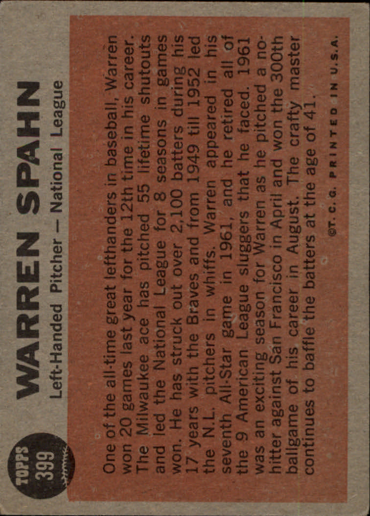 1962 Topps #399 Warren Spahn AS back image