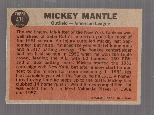 1962 Topps #471 Mickey Mantle AS back image