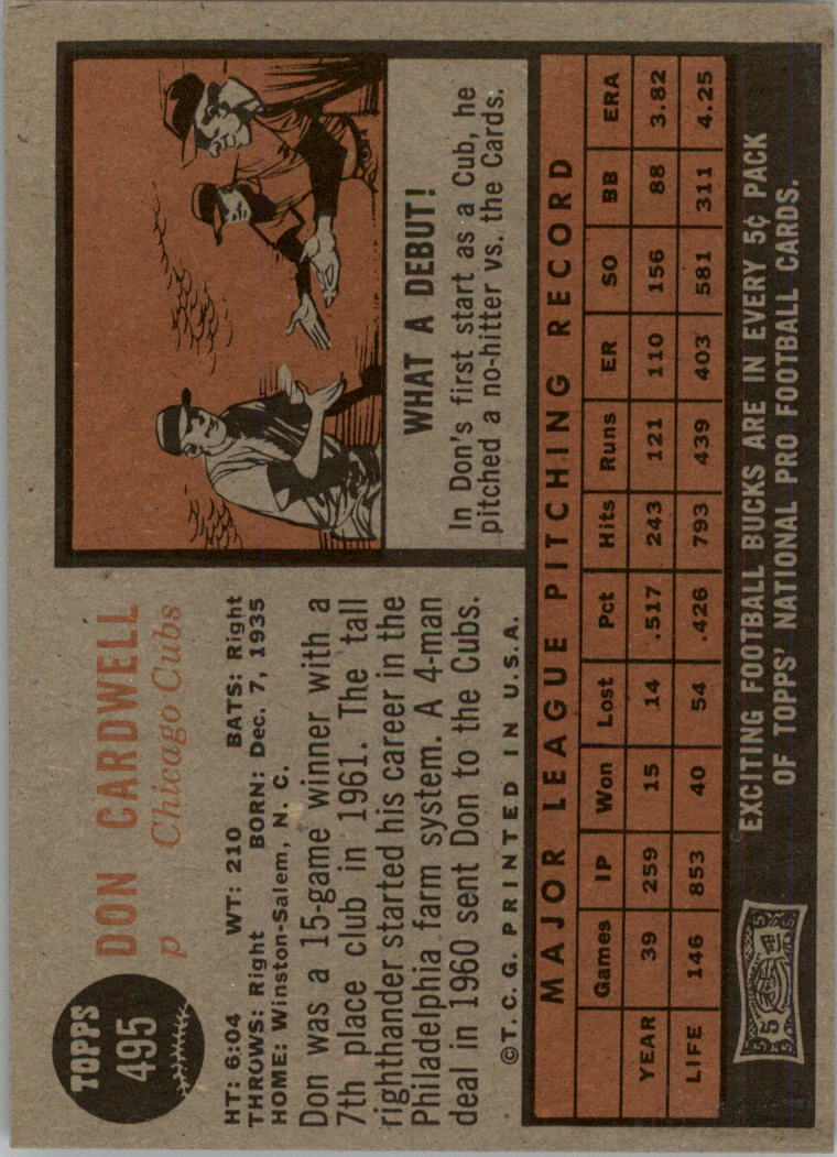 1962 Topps #495 Don Cardwell back image