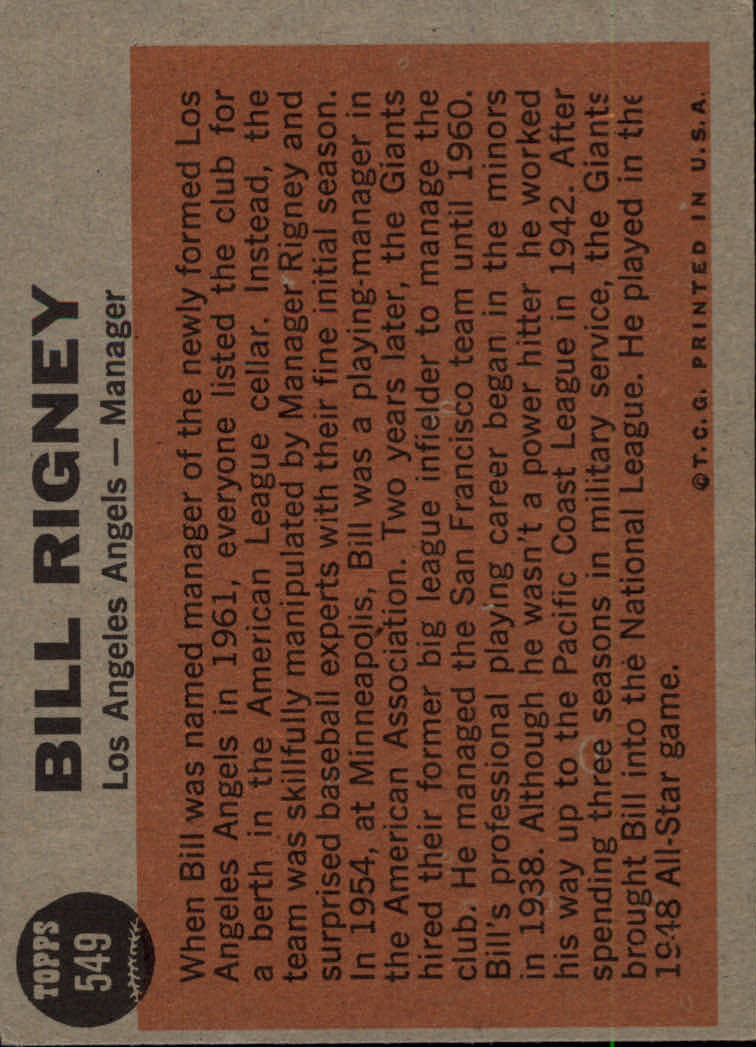 1962 Topps #549 Bill Rigney MG SP back image