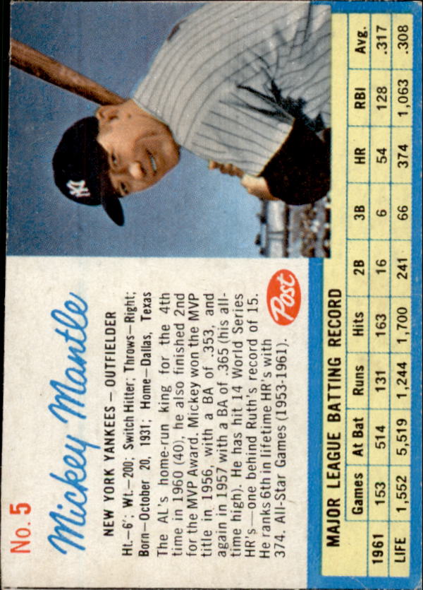 1962 Post #5A Mickey Mantle