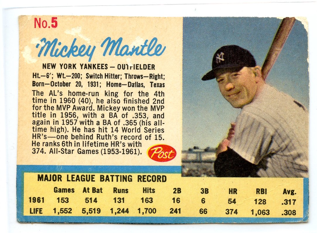 1962 Post #5B Mickey Mantle Ad Back (Life Magazine)