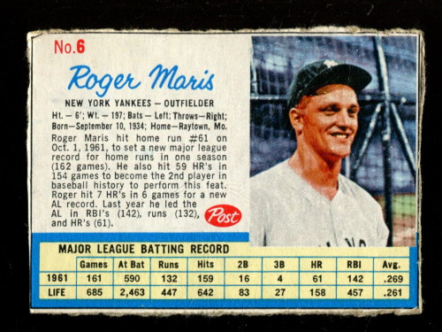 1962 Post #6A Roger Maris