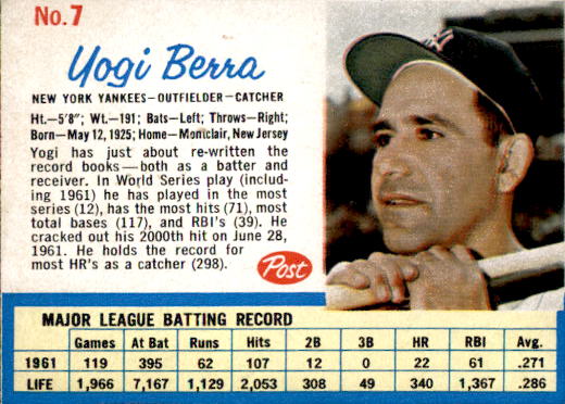 1962 Post #7 Yogi Berra