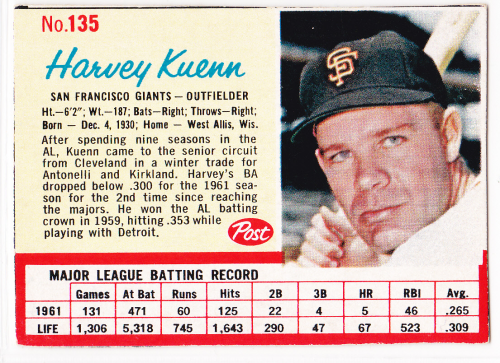 1962 Post #135 Harvey Kuenn