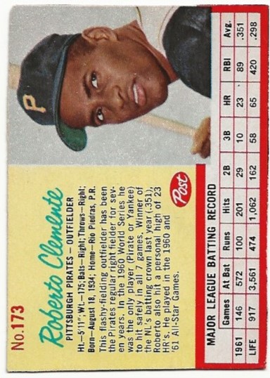 1962 Post #173A Roberto Clemente Red Lines