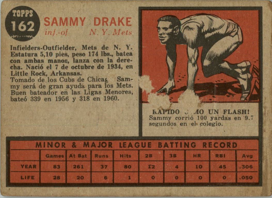 1962 Topps Venezuelan #162 Sammy Drake back image