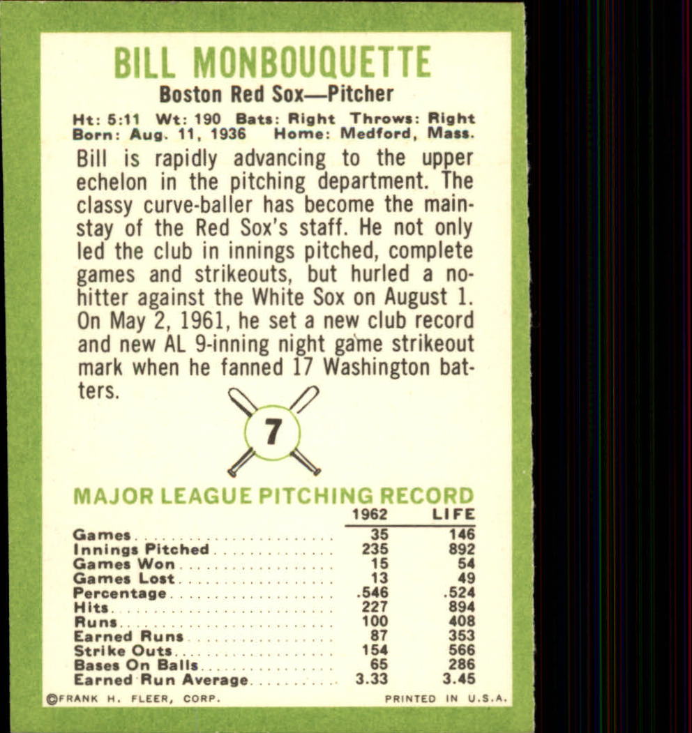 1963 Fleer #7 Bill Monbouquette back image