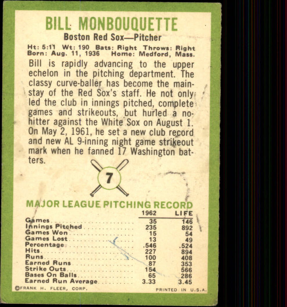 1963 Fleer #7 Bill Monbouquette back image
