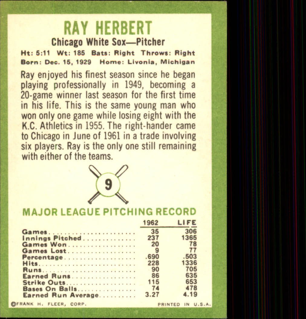 1963 Fleer #9 Ray Herbert back image