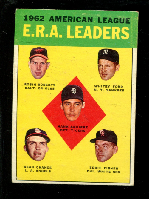 1963 Topps #6 AL ERA Leaders/Hank Aguirre/Robin Roberts/Whitey Ford/Eddie Fisher/Dean Chance