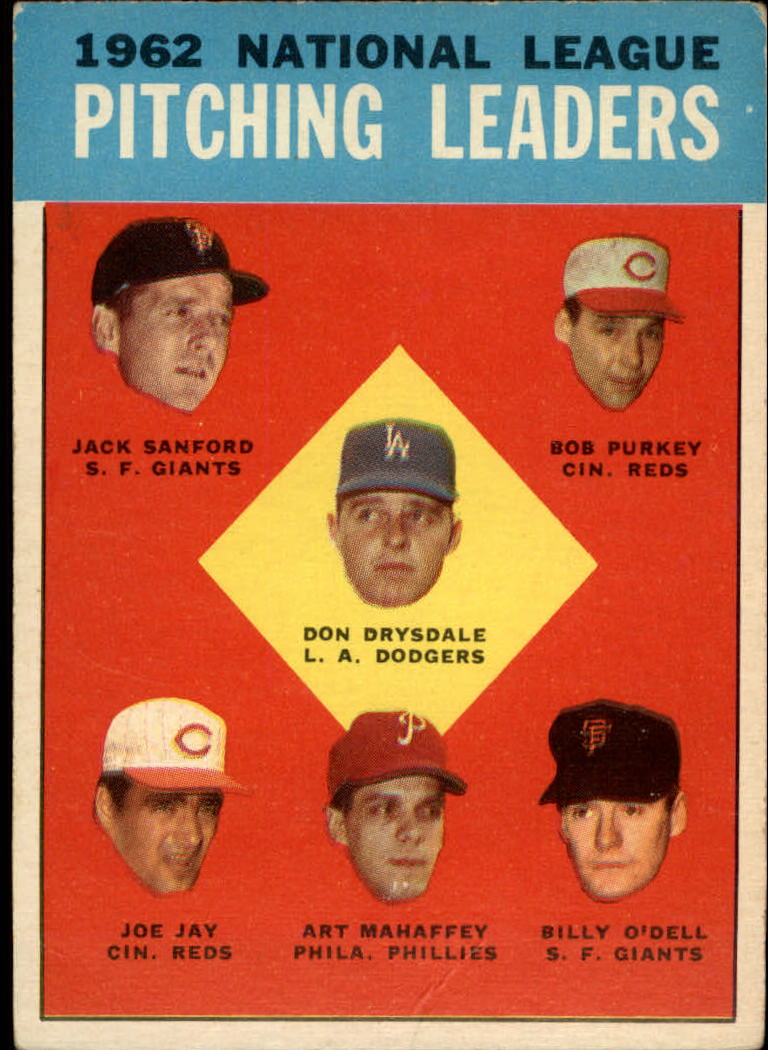 1963 Topps #7 NL Pitching Leaders/Don Drysdale/Jack Sanford/Bob Purkey/Billy O'Dell/Art Mahaffey/Joe Jay