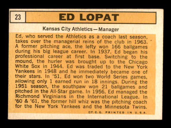 1963 Topps #23 Ed Lopat MG back image