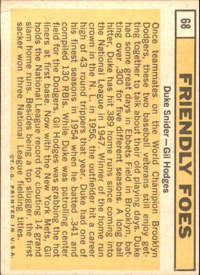 1963 Topps #68 Friendly Foes/Duke Snider/Gil Hodges back image