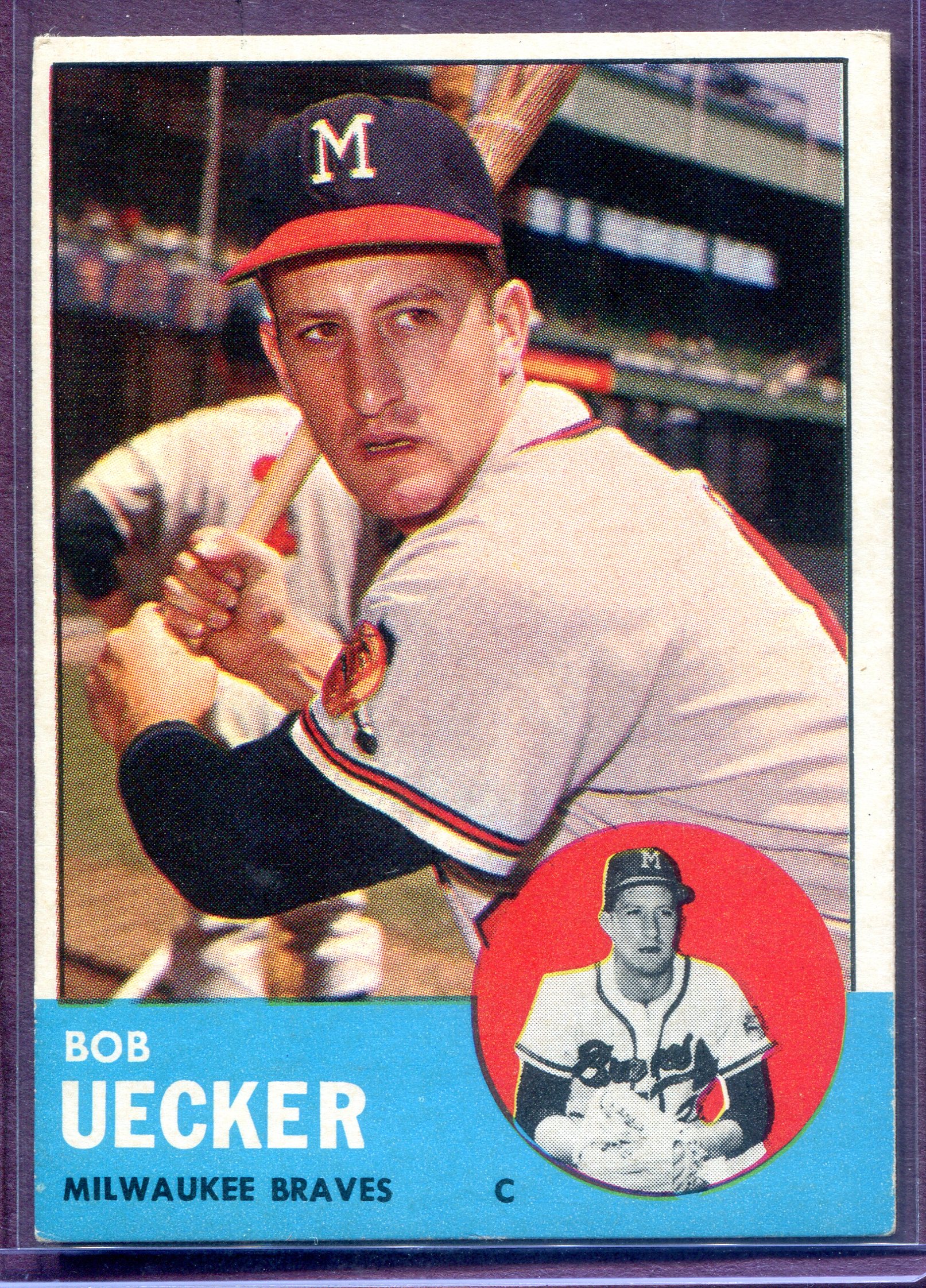 Original Vintage 1963 Topps Baseball Bob Uecker Milwaukee Braves Card #126