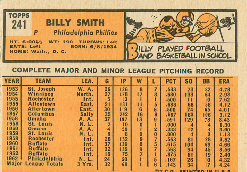 1963 Topps #241 Billy Smith RC back image