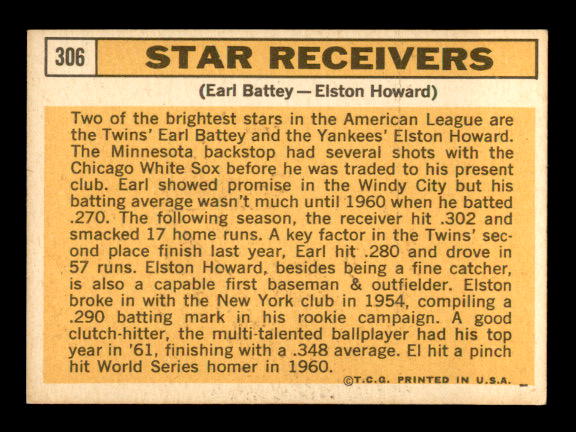 1963 Topps #306 Star Receivers/Earl Battey/Elston Howard back image