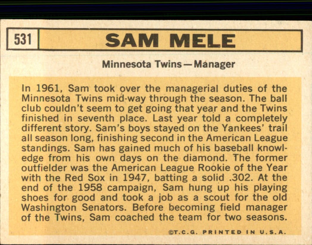 1963 Topps #531 Sam Mele MG back image