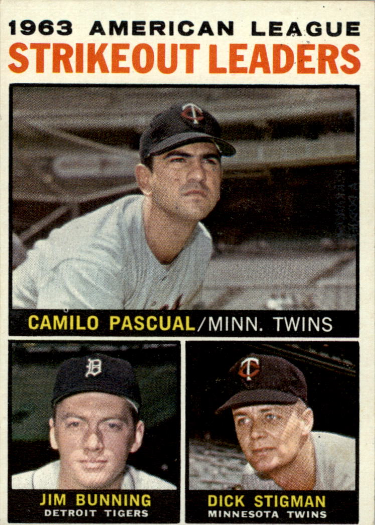 1964 Topps #6 AL Strikeout Leaders/Camilo Pascual/Jim Bunning/Dick Stigman