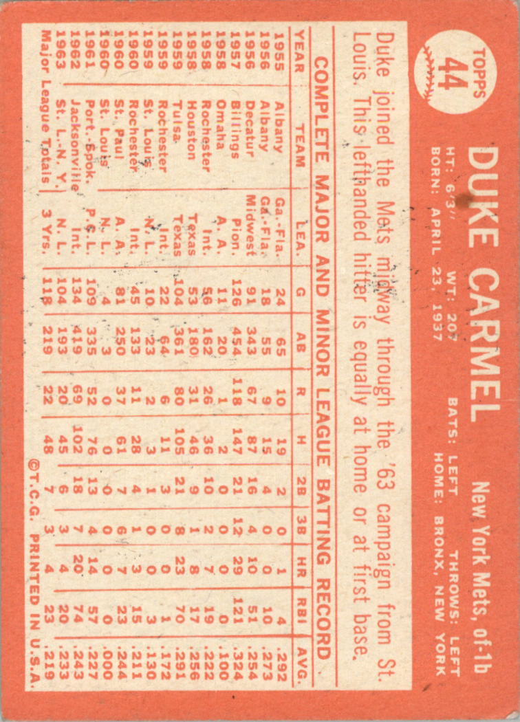 1964 Topps #44 Duke Carmel back image