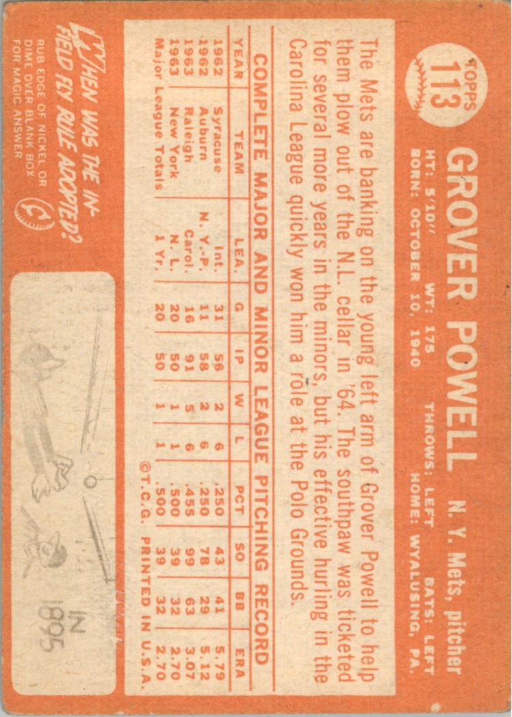 1964 Topps #113 Grover Powell RC back image