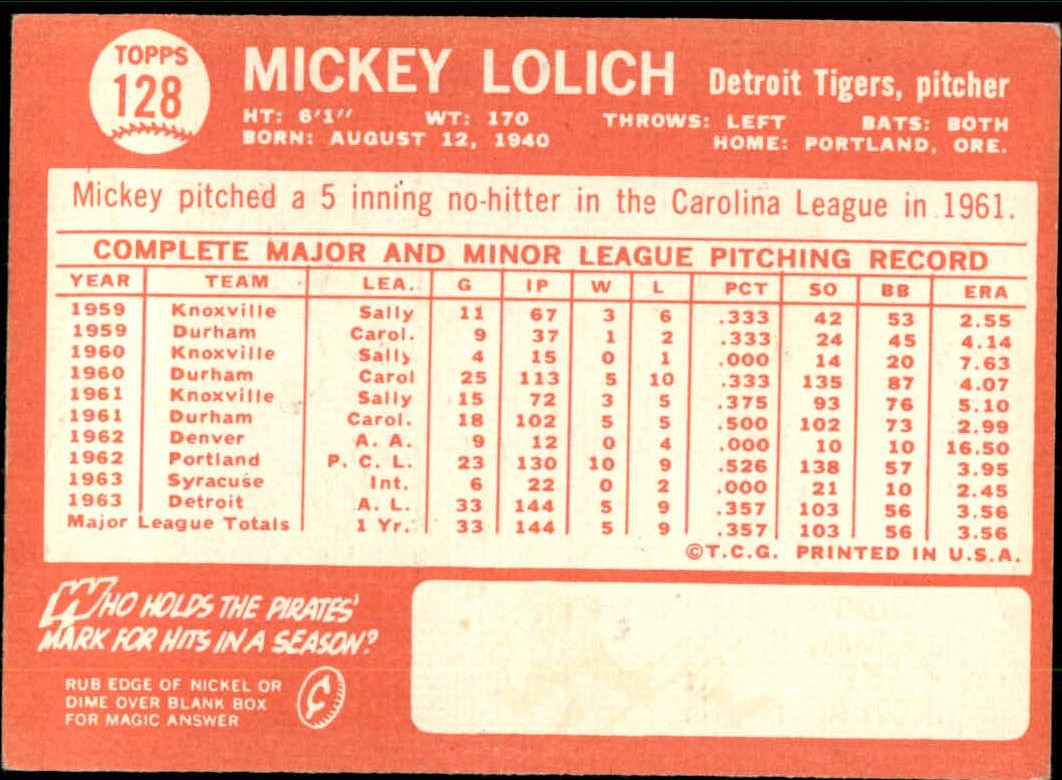 1964 Topps #128 Mickey Lolich RC back image