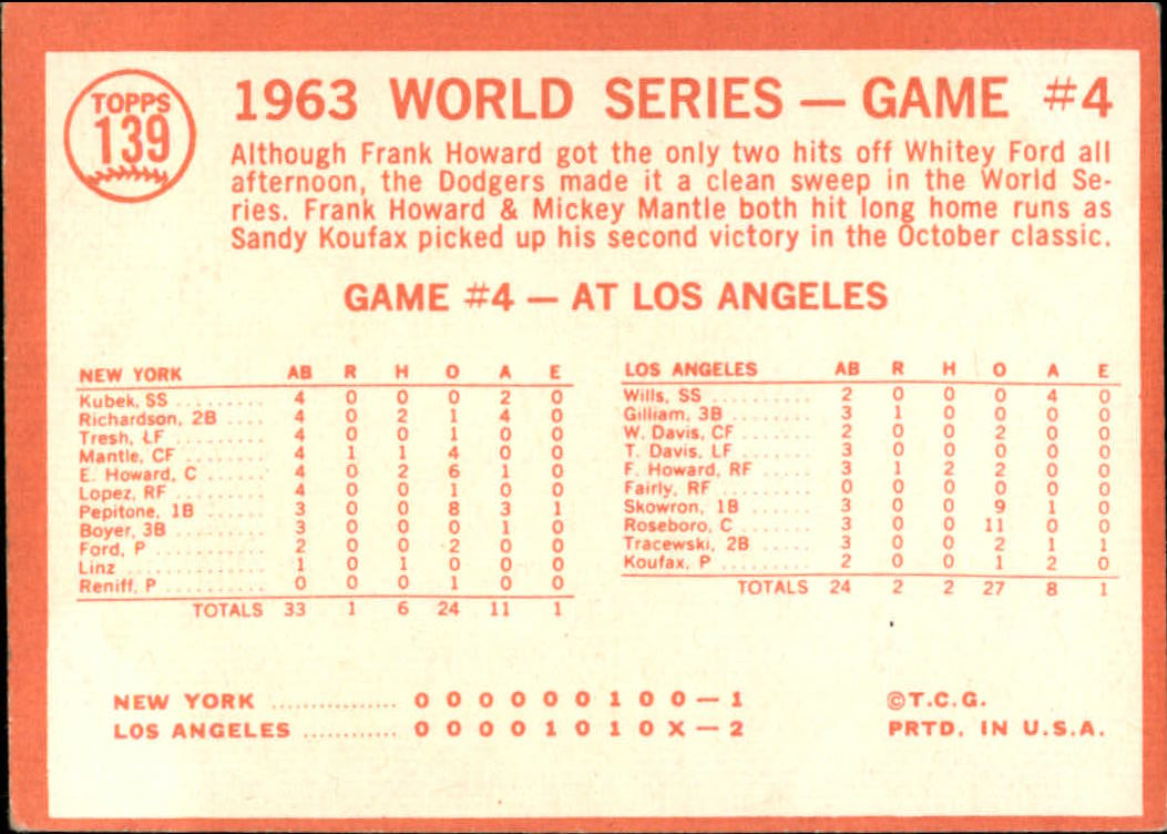 1964 Topps #139 World Series Game 4/Frank Howard back image