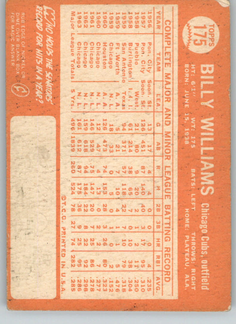 1964 Topps #175 Billy Williams back image