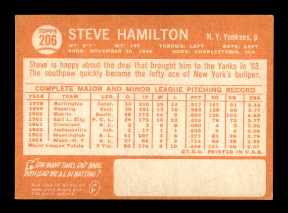 1964 Topps #206 Steve Hamilton back image