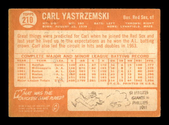 1964 Topps #210 Carl Yastrzemski back image